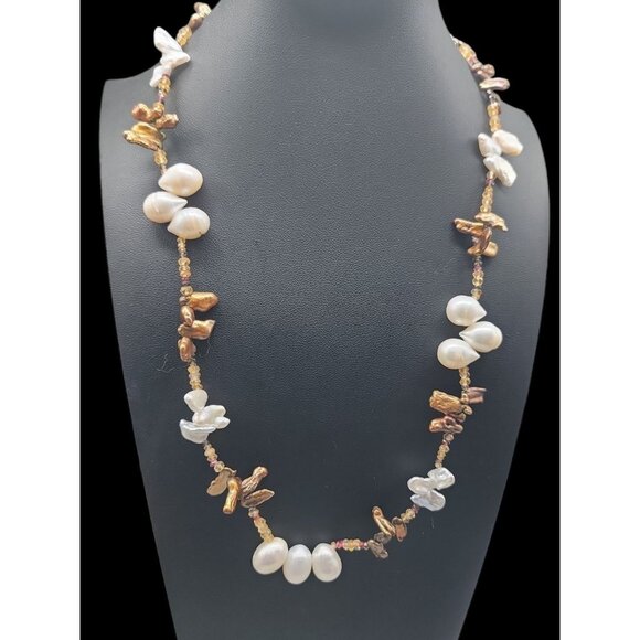 18k Vermeil Fresh Water Chocolate & Champagne Baroque Pearl Necklace 21" - Picture 1 of 15